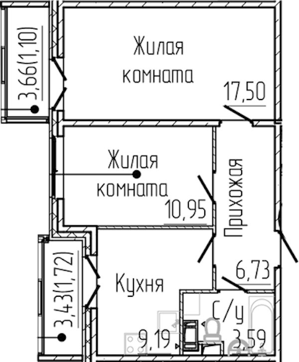 2-комнатная квартира 50.78 м², 4/8 эт., ЖК «SERTOLOVO PARK»